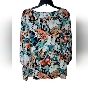 Cj banks floral orange and green quarter sleeve blouse
